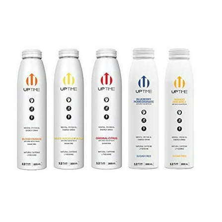 UPTIME ? Premium Natural Caffeine, Sparkling Energy Drink, Mutli-Flavor Variety, 12oz Bottles with Oasis Snacks Sticker (5 Flavor Variety (Sugar Free), Pack of 10)