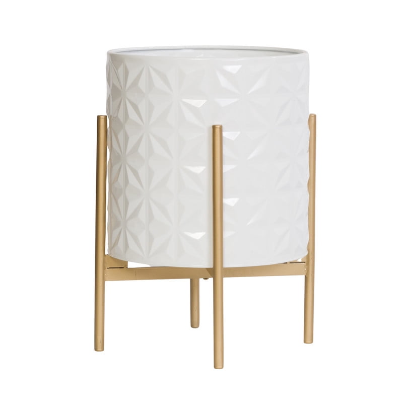 Geometric Metal Planter Pot With 4-Leg Gold Metal Base - White - 18"H x 13.75"W