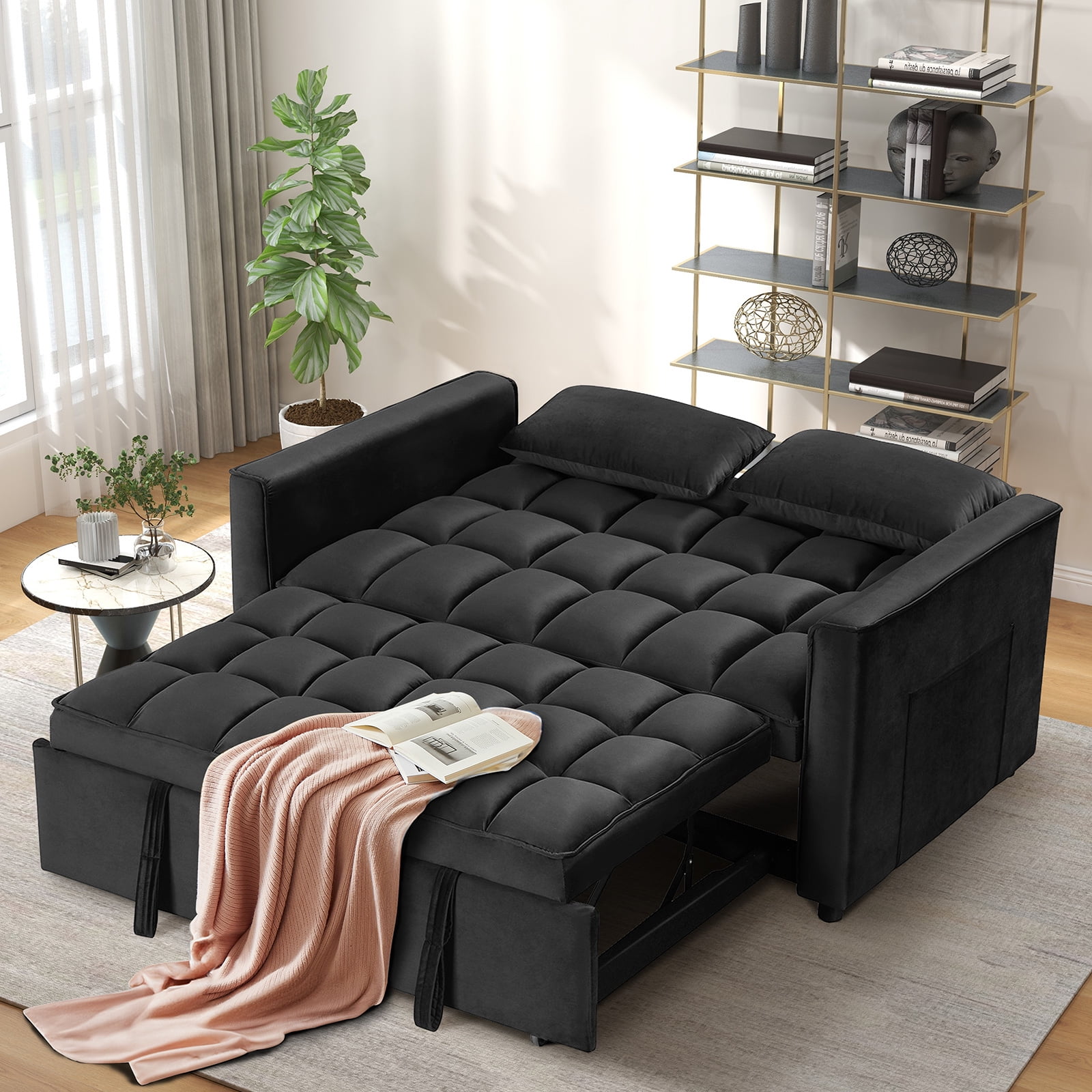 Bonzy Home Convertible Sofa Bed Versatile Velvet Sofa Pullout Bed 55 Velvet Sleeper Loveseat Black