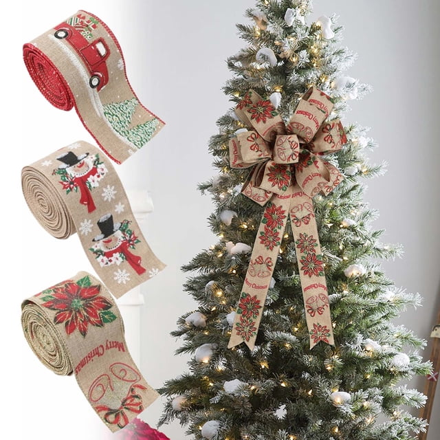 PEONAVET Christmas Tree Composite Fashion Linen Christmas Ribbon Boutique Ribbon Decoration Christmas Tree Printing Ribbon 2m