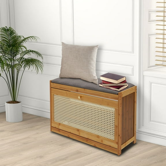 Rectangle Bamboo Shoe Bench Shoe Rack Organizer Entryway Storage Shelf Stool 220 lbs Capacity 27.5*9.4*17.3in for Entryway, Bedroom, or Parlor