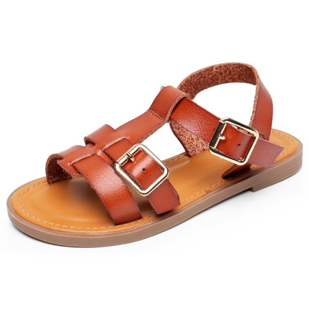 

Blikcon Girls Sandals Open Toe Flat Summer Sandals(Color : Darkbrown Size : 2 Little Kid)