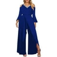 thumbnail image 2 of Pxiakgy jumpsuits for women Women's Slit Sequin Solid V Neck Elegant Wide Leg Loose Sleeve Bell Sleeve Jumpsuit womens jumpsuit one piece jumpsuit Blue + S, 2 of 4
