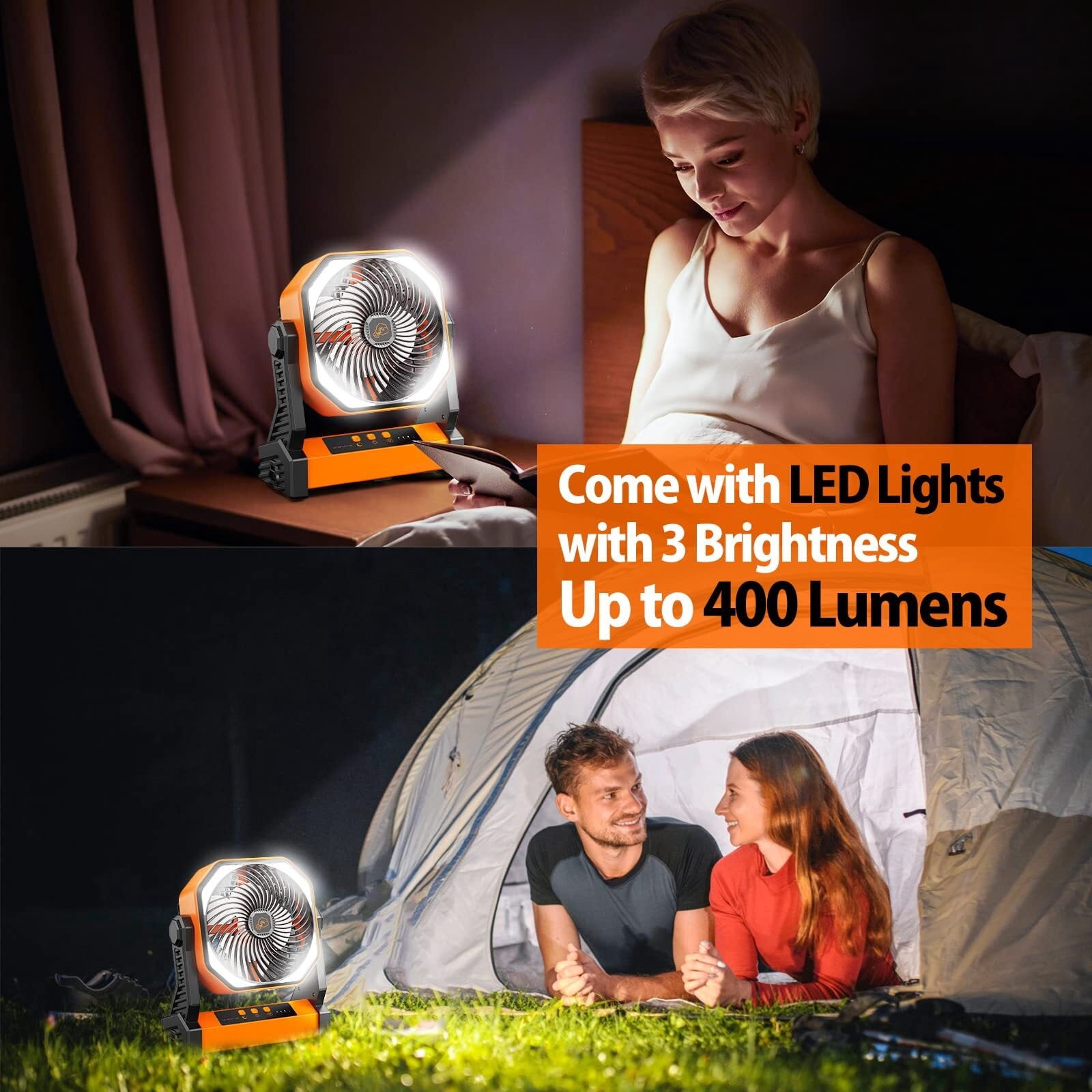 20000mAh Battery Powered Fan, Portable Rechargeable Desktop/Camping Fan with Light and Hook, 270° Rotation 4 Speed ​​Battery Powered Outdoor Fan for Tent, Car Travel, Sleeping, Hurricane,
