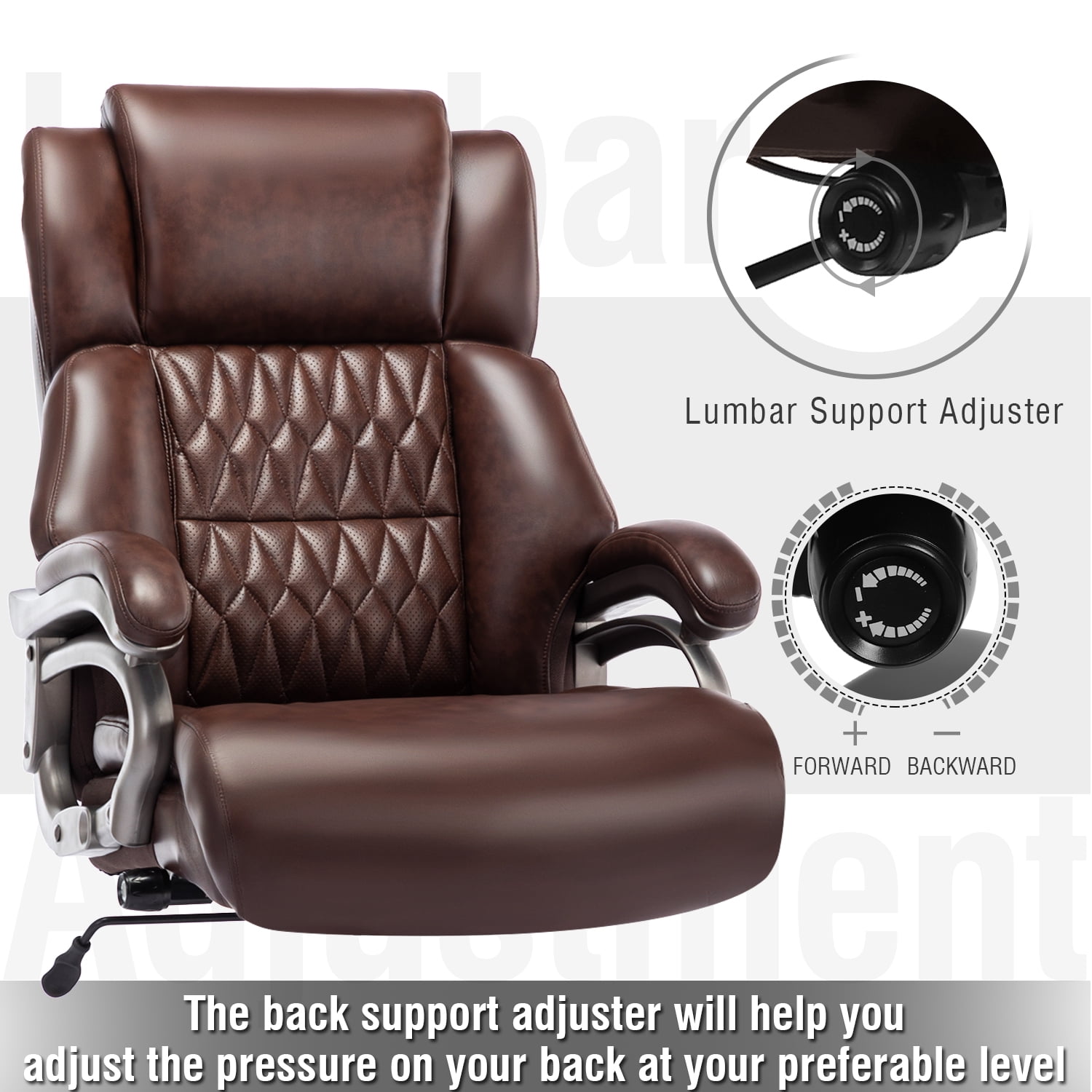 Big and Tall Office Chair 400lbs, Ergonomic Computer Desk Chair with Adjustable Lumbar Support, Quiet Rubber Wheel, High Back Thick Padded Executive Office Chair, Brown