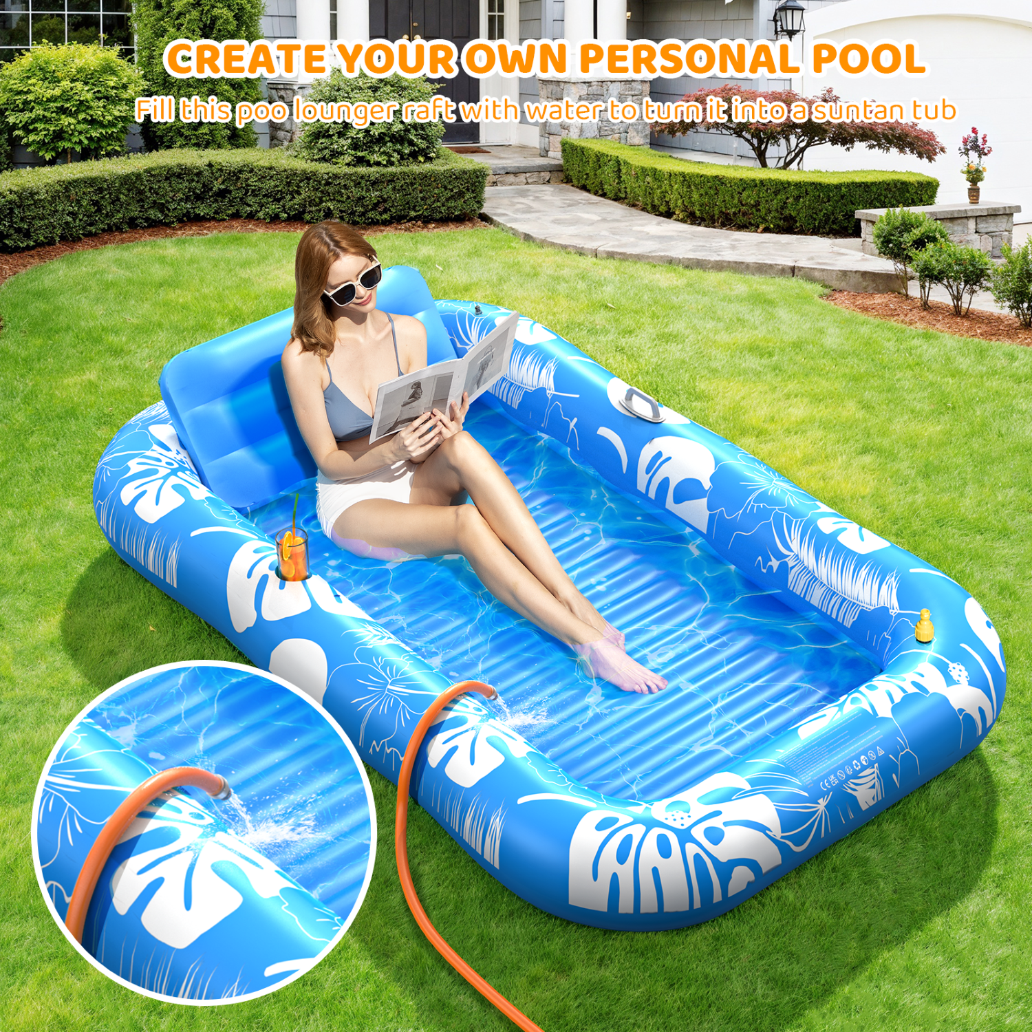 Inflatable Tanning Pool Lounger Float with Sprinkler, 77" x 48" Pool Floats Adult with Pillow, 6 in 1 Suntan Tub Raft Floatie with Drink Holder Sunbathing Water Lounge