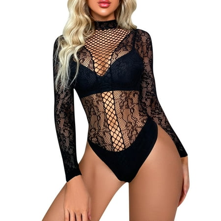 

adviicd Fishnets For Women Women Fishnet Lingerie Chemise Long Sleeve Stocking Black One Size