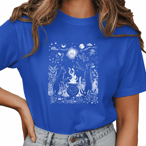 Giffimy Women's Blue Mystical Cat Wolf Graphic Short Sleeve T-Shirt Soft Cotton Crewneck Top