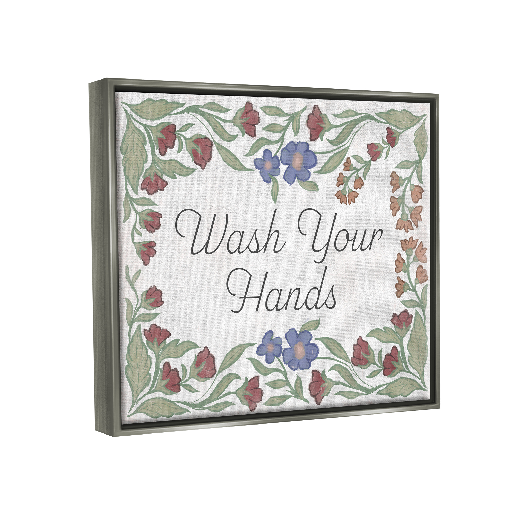 Stupell Industries Floral Wash Hands Phrase Typography Painting Gray Floater Framed Art Print Wall Art, 21 x 17