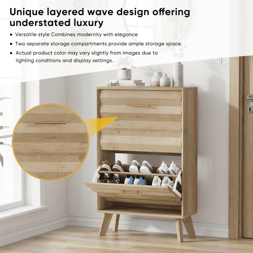 23.6" Slim Flip-Top Shoe Cabinet, Oak Wood Entryway Shoe Storage Cabinet with Double Tilt-Out Doors, Open Shelf, Mid-Century Modern Freestanding Shoe Organizer for Entryway & Hallway