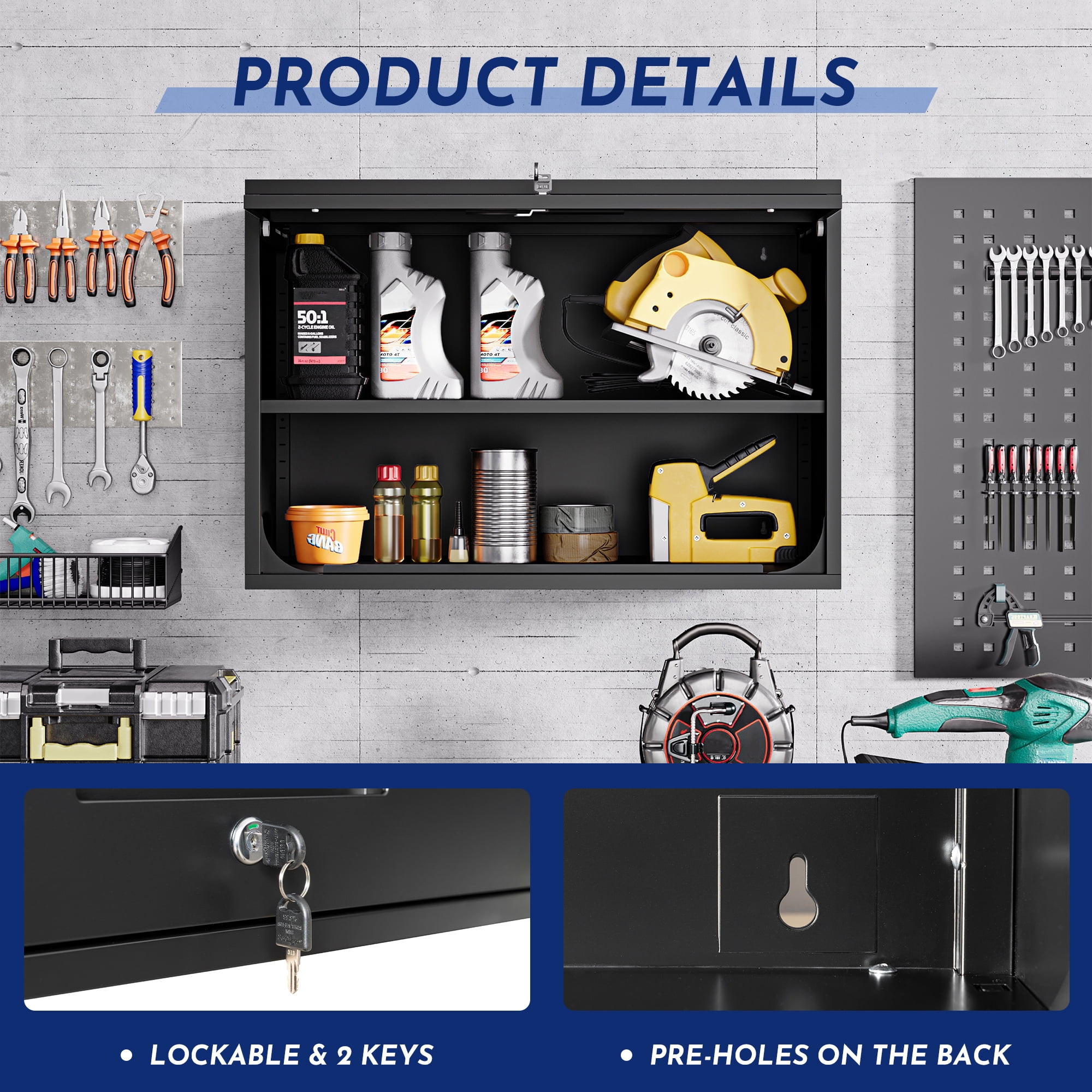 AUHUP Steel Wall Cabinet, Versatile Adjustable Metal Wall Mounted Storage Cabinet Organizer for Garage, Office, Kitchen, Black, 31.5"W x 22"H x 16"D