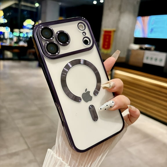 for iPhone 17 Pro Case Clear Magnetic, Ultra Thin Plating edge Cover Compatible with Magsafe Phone Case for Women Men Girl, Cute Soft TPU Silicone & Hard PC Transparent Anti-Yellow, Darkpurple