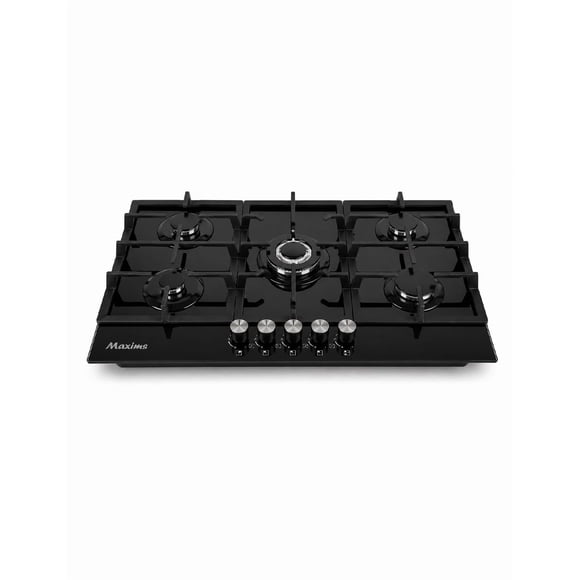 Parrilla de Gas Maxims Empotrable 5 Quemadores Rejilla Continua Cristal Negro 76cm Encendido Eléctrico Gas LP y Natural