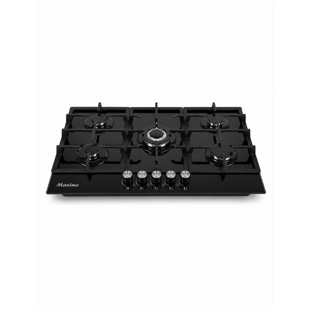 Parrilla de Gas para Empotrar 5 Quemadores Parrilla Continua Cristal Negro Templado 76cm Maxims Gas LP y Natural