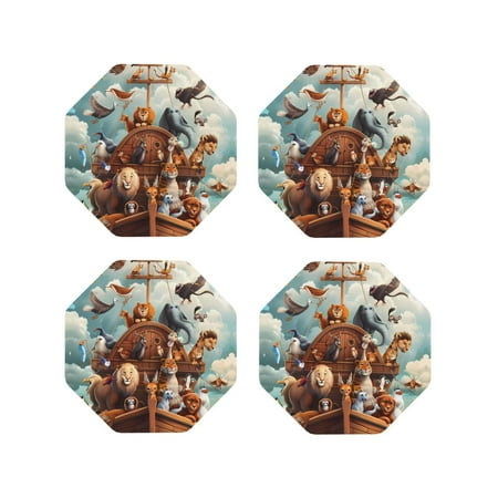 

Coasters Set of 4 - Animal Filled Noahs Ark Drink Coasters for Tabletop Protection Leather Coasters for Living Room Decor and Housewarming Gift Octagon