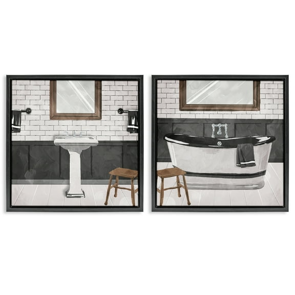 Stupell Industries Modern Country Bathroom Interior Abstract Painting Black Floater Framed Canvas Art Print Wall Art, 18 x 18, Set of 2