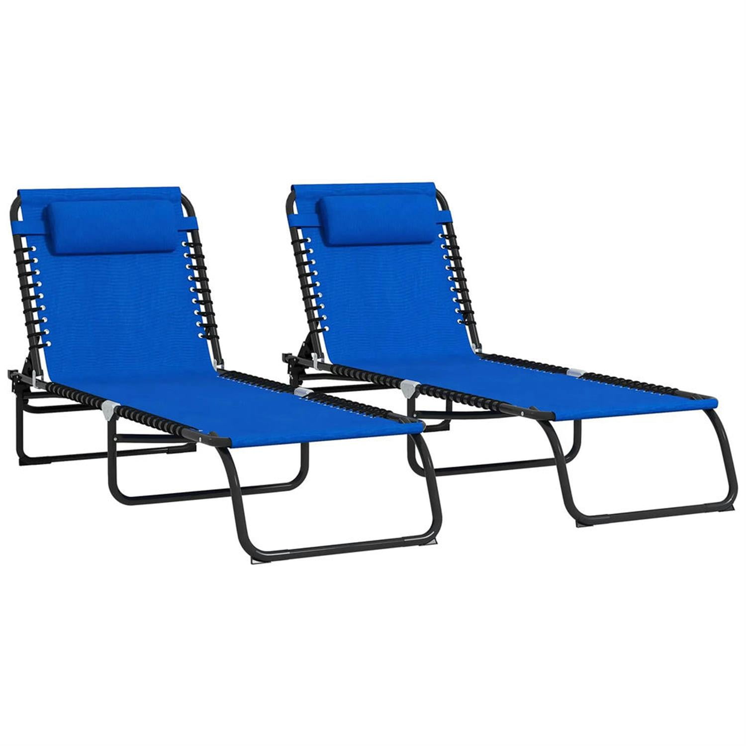 Demi Bonn Outdoor Folding Chaise Lounge Chairs Set of 2 with 4-Position Reclining Pillow-Back, Breathable Mesh Seat, Bungee for Pool, Beach, Patio, Blue