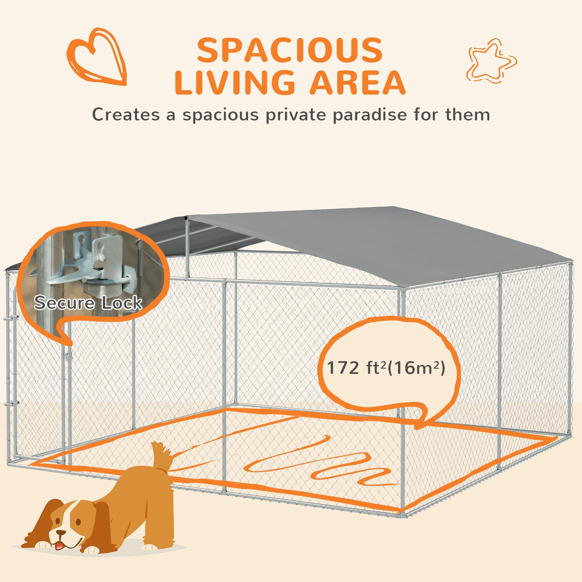 Dranite 13x13x7.5 FT Outdoor Dog Kennel, Galvanized Steel Fence with Waterproof Cover