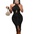 thumbnail image 2 of SWSMCLT Women's Cut Out Bodycon Dress Glitter Rhinestone Wrap Keyhole Ruched Halter Backless Midi Night Out Outfit Party Midi Dresses Dresses High Slit Clubwear Black Small, 2 of 3
