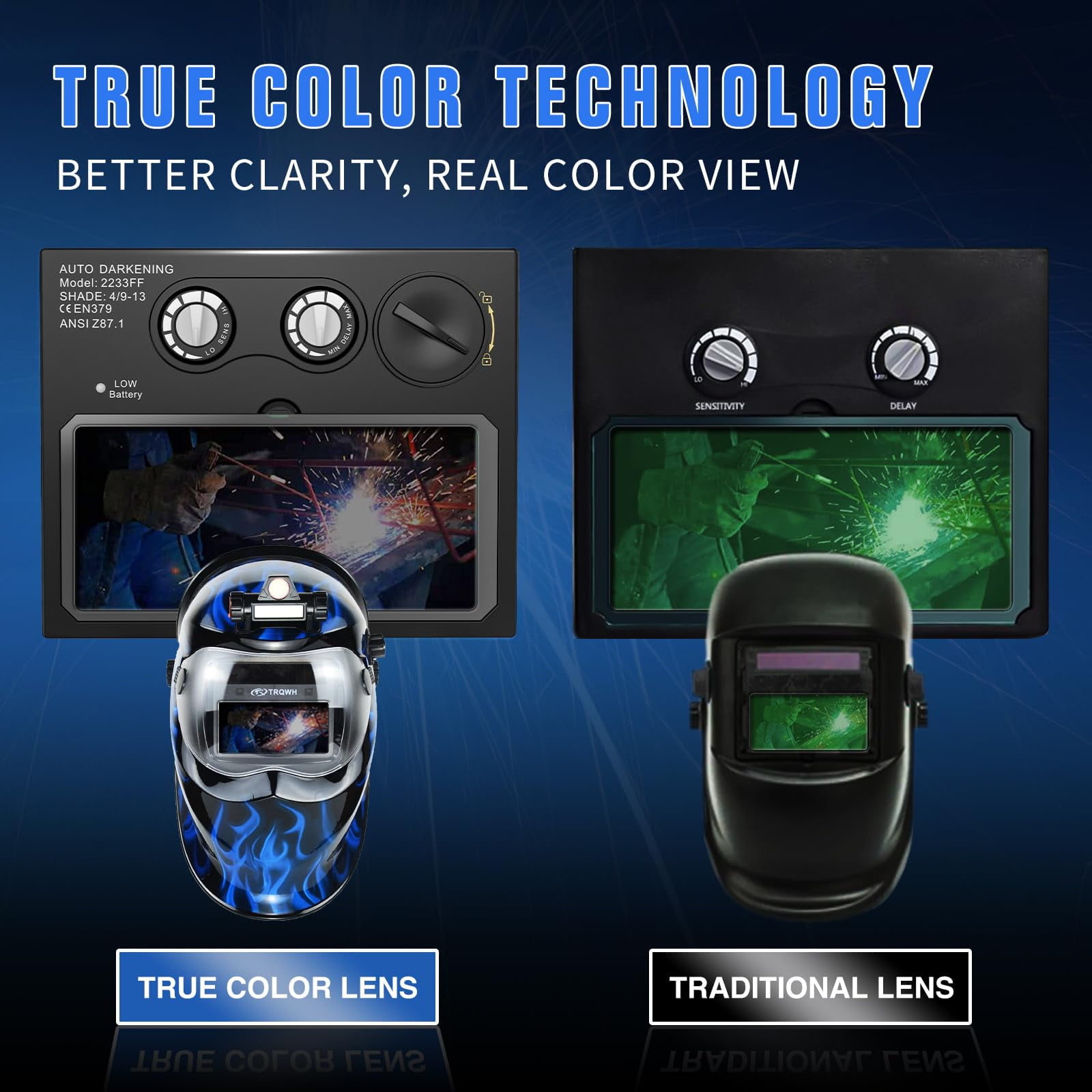 Auto Darkening Welding Helmet with Light Solar Powered True Color Welding Hood 2 Arc Sensor Wide Shade 9-13 Welding Mask with Extra Grinding Mode Weld Helmet