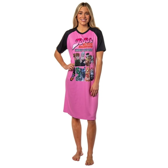 Jojo's Bizarre Adventure Womens' Stardust Crusaders Character Grid V-Neck Pajama Sleep Shirt Raglan Nightgown