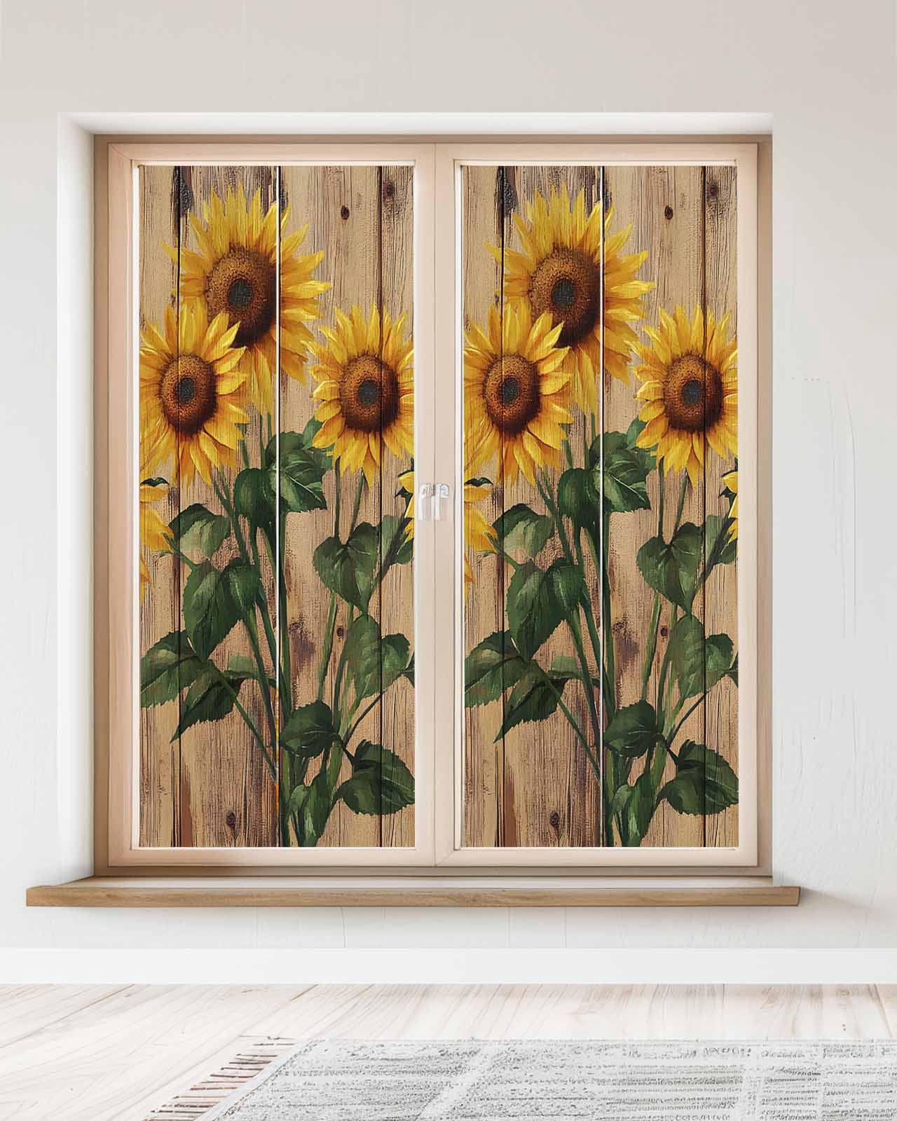 Window Privacy Film Vintage Sunflower Stained Glass Window Film Decorative Sun Block Window Cover Farmhouse Vintage Wooden Floral Window Clings Static Adhesive Sticker for Bathroom 23.6"x59"