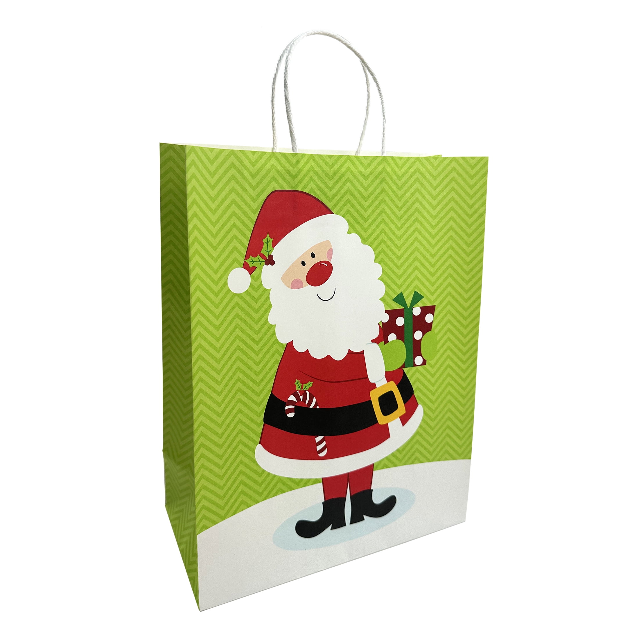 Holiday Time Christmas Gift Paper Bag, Green Penguin, Red Snowman, Merry Christmas, Green Santa, Blue Candy cane, Blue JOY, Large, 10x5x13in