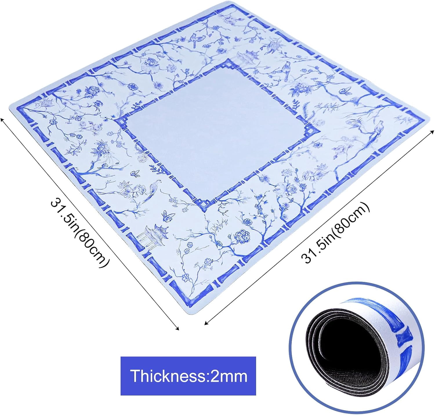 Large Blue Mahjong Mat (31.5” x 31.5”) with Black Carrying Bag, Anti-Slip, Noise-Reducing Table Cover for Mahjong, Poker, Board Games, Dominoes, and Card Games