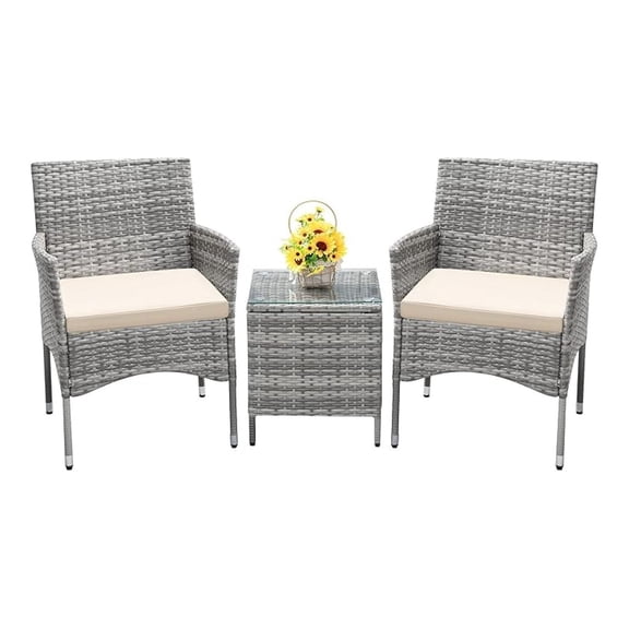 3 Pieces Patio Furniture Sets Clearance PE Rattan Wicker Chairs with Table Outdoor Garden Porch Furniture Sets (Light Grey)