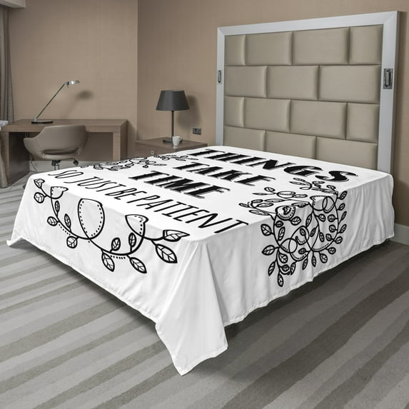 Saying Flat Sheet, Things Take Time Just Be Patient Typography on a Simplistic Background, Soft Comfortable Top Sheet Decorative Bedding 1 Piece, 6 Sizes, Charcoal Grey and White, by Ambesonne