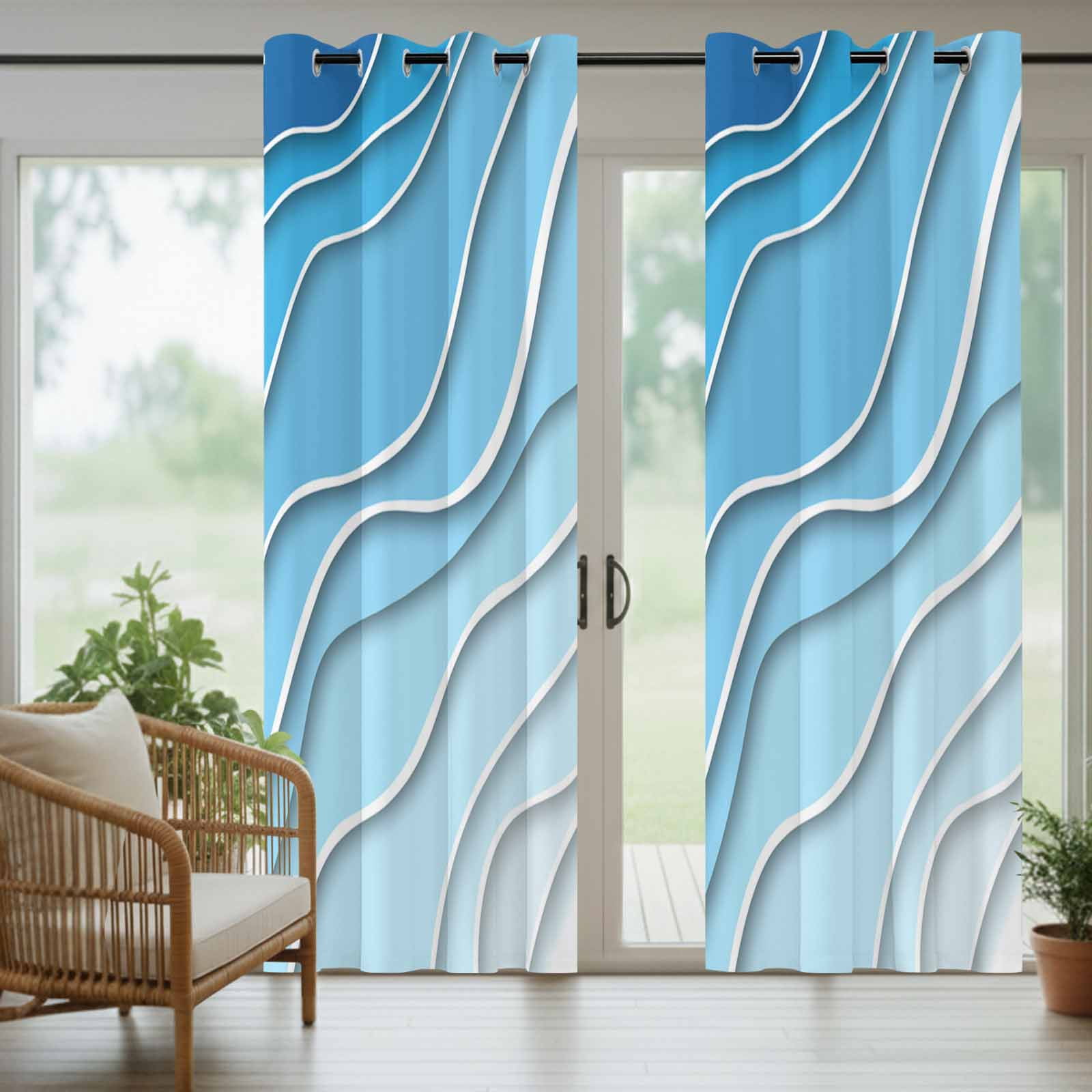 Outdoor Curtains for Patio Waterproof, Blue Aqua Ombre Windproof Pravicy Outside Porch Blackout Curtain, Modern Geometric Abstract Aesthetic Cream Sun Blocking Grommets Curtains for Cabana 54"x108"