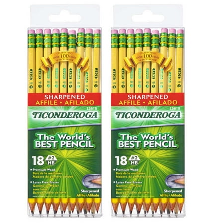 Ticonderoga Pencils, #2 Soft, Yellow, Presharpened, 18 Per Pack, 2 Packs