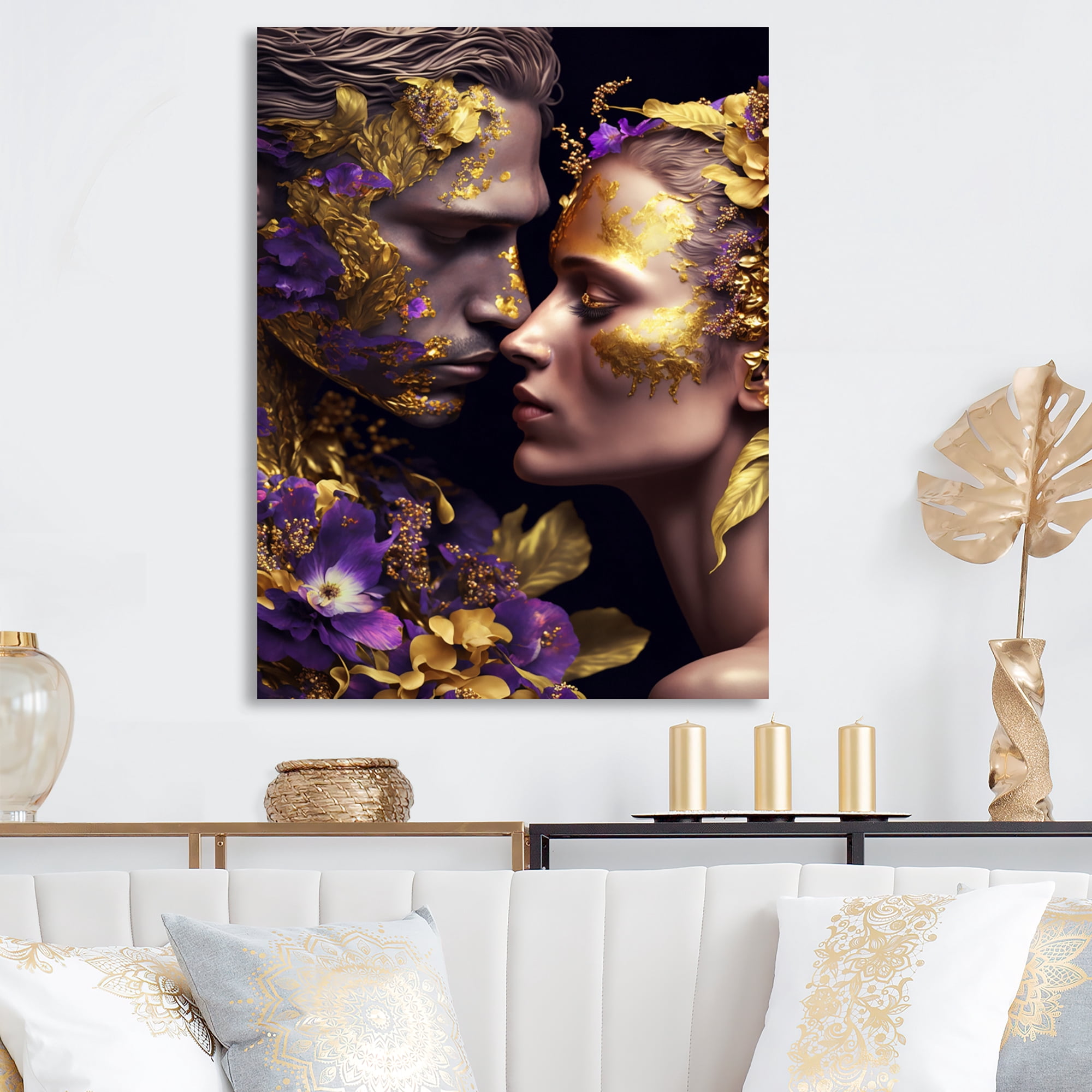Designart Loving Couple Kissing Floral Design I Canvas Wall Art