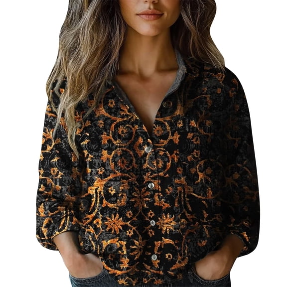 Womens Tops Stylish Print Long Sleeve Cotton Button Blouse Spring Summer Shirts for Women Black L