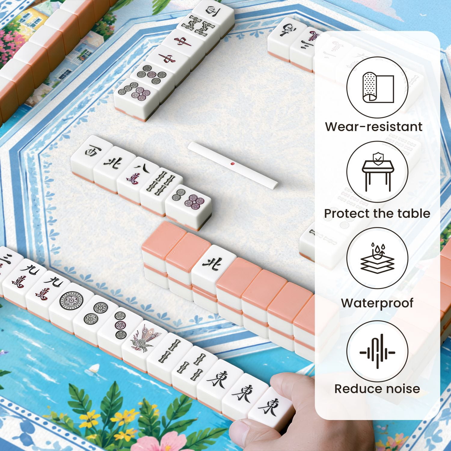 Mahjong Mat 31.5" x 31.5" Colorful Coastal Village Sailboats Palm Trees Tropical Flowers Non-Slip Noise Reduction Mahjong Tiles Table Cover for Dominoes Poker Card Board and Tile Games