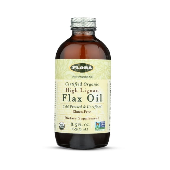 Flora - Certified Organic High Lignan Flax Oil, Cold Pressed, Unrefined & Gluten Free with Essential Fatty Acids, Unmodified, 8.5-fl. oz. Glass Bottle