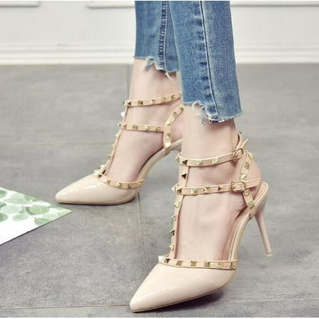 

Women s shoes rivets sandals female summer 6CM/8CM Thick with Fine with high-heeled shoes pointed stiletto sexy nightclub shoes