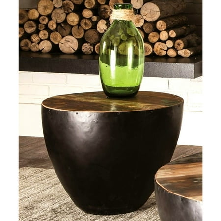 Reclaimed Table Tops A Line Furniture Black Iron Drum Shaped Accent End Table with Natural Reclaimed Wood Top ()
