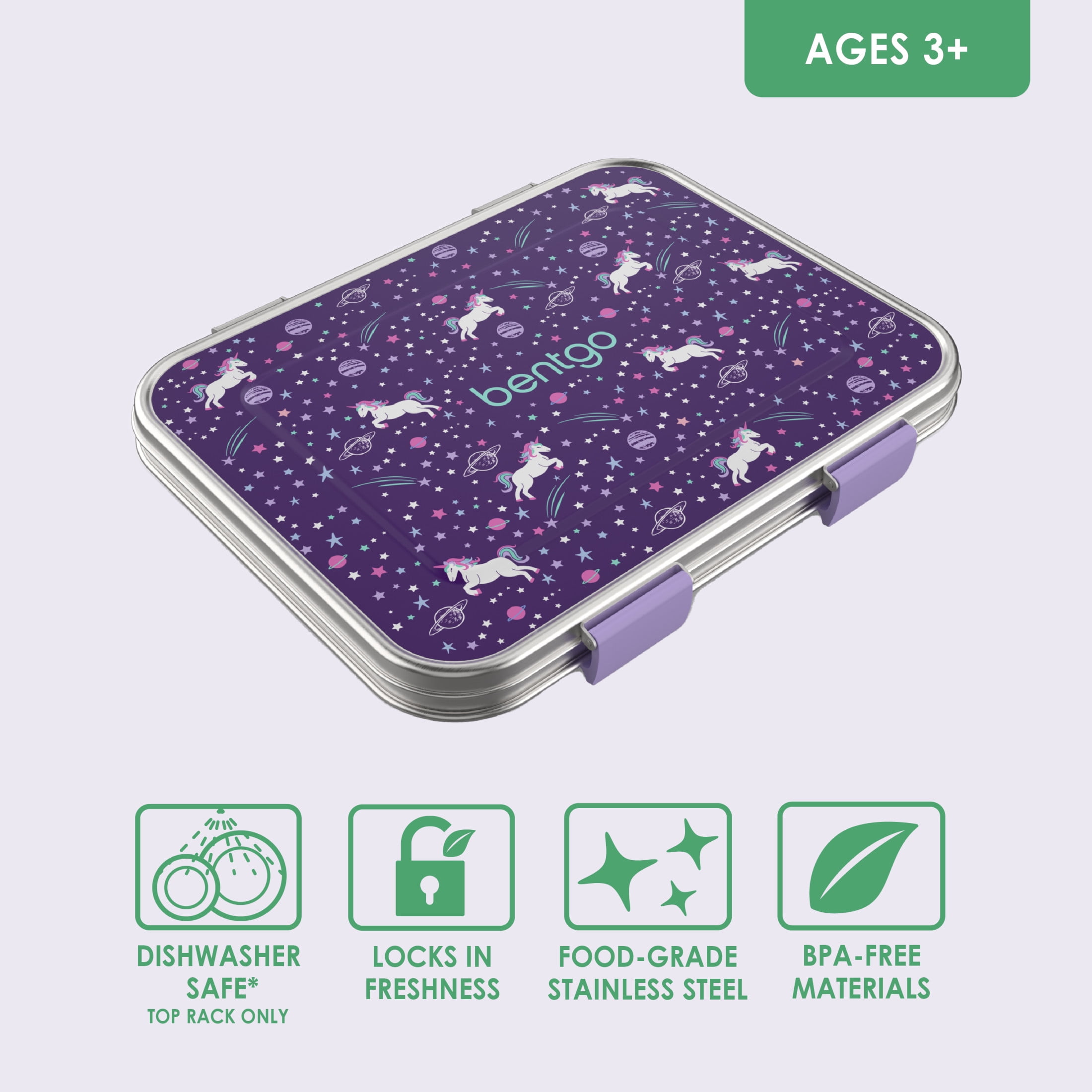 Bentgo Kids Stainless Steel Prints Leak-Resistant Lunch Box - 3-Compartments with Bonus Silicone Container, Durable, Eco-Friendly, Dishwasher Safe, BPA-Free, Ideal for School, Ages 3+ (Unicorn)