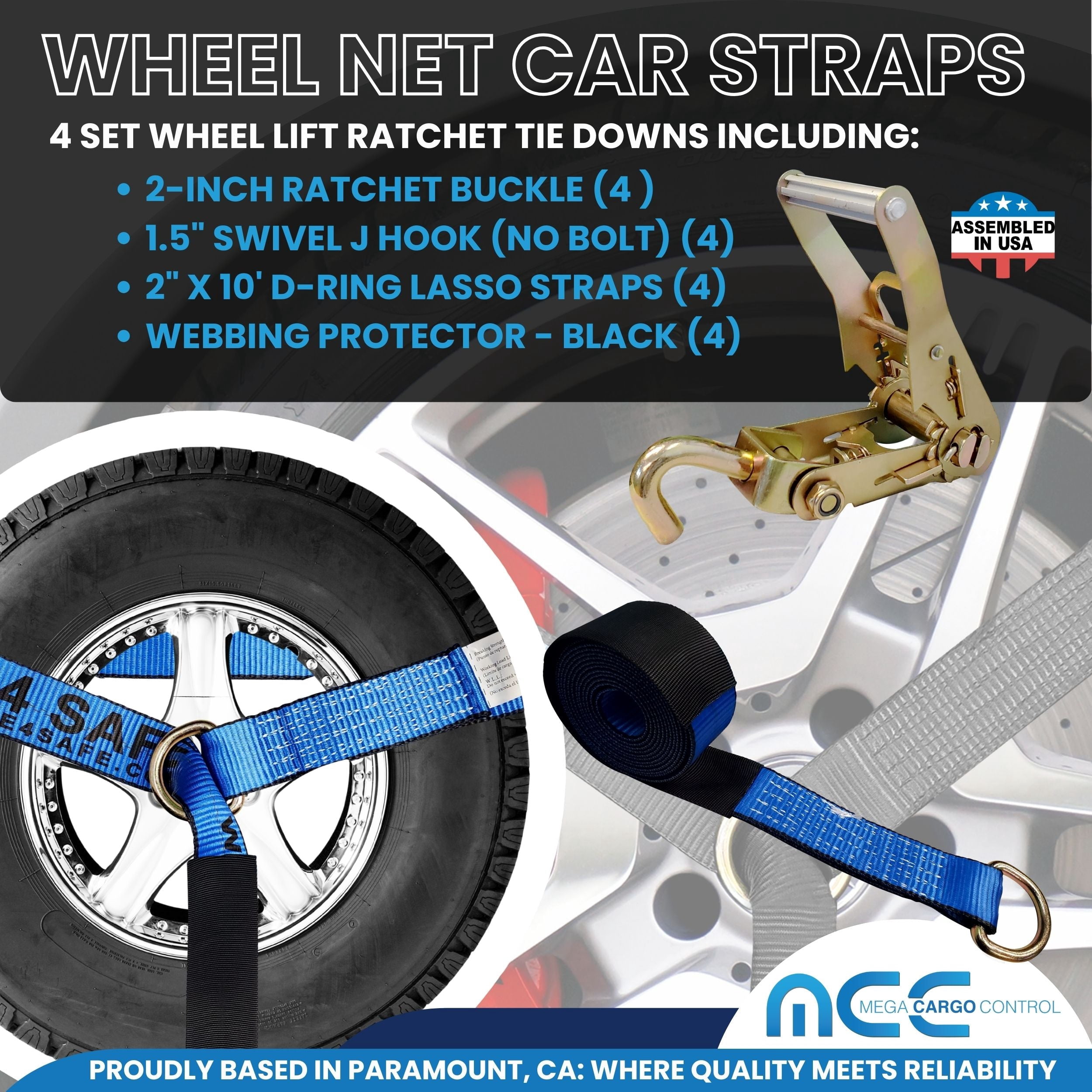Mega Cargo Control Side Mount Wheel Net Straps with Swivel J Hook Ratchet Buckles, 2" x 10' D-Ring Lasso Strap, 4 Pack, Blue