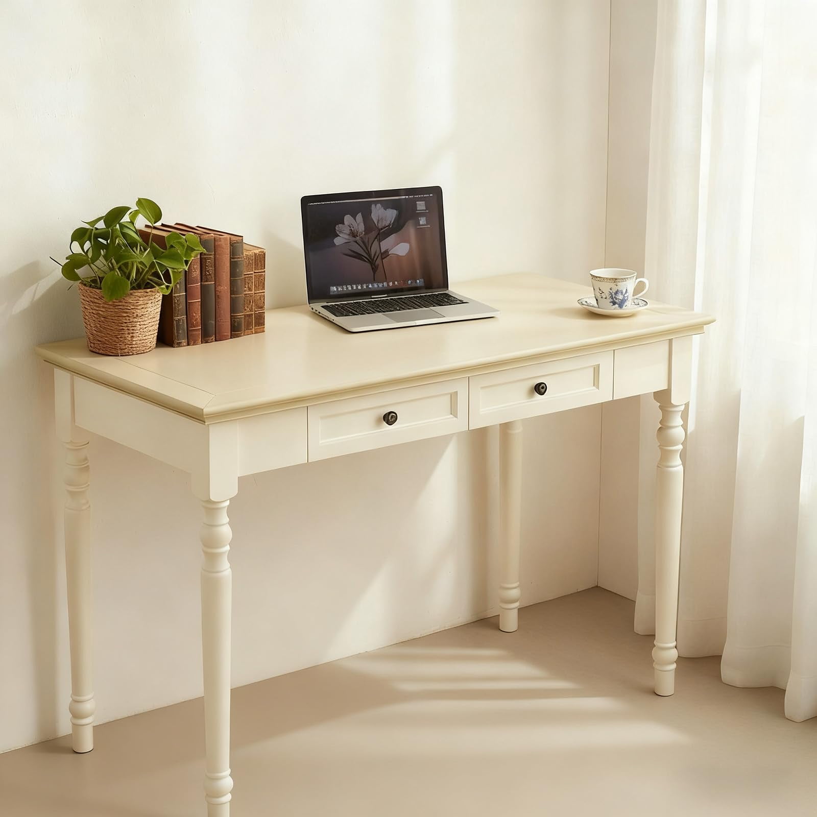French Country Style Writing Desk With Storage Drawers, Solid Wood Computer Study Table Workstation, Bedroom Home Office Apartment Furniture, Turned Legs, Rustic Farmhouse Style, Off White, 1 Piece