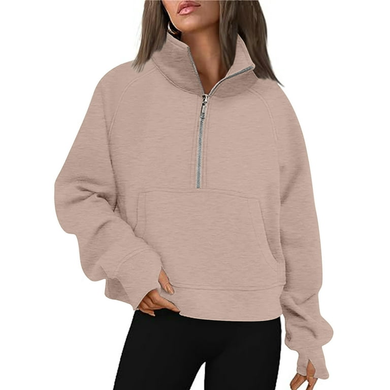JUUYY Women Half Zip Pullover Sweatshirts Fall Winter Plus Size Long Sleeve  Casual Solid Quarter Zipper Fleece Lined Cropped Tops Sweater Pockets