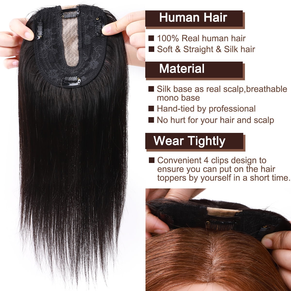SEGO Clip in Hair Extensions Human Hair Toppers 100% Real Human Hair Topper for Thinning/Loss Hair Natural Black Hair Pieces
