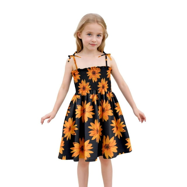Robe Fille Bébé Été Imprimé Floral Robe à Bretelles Légère Décontractée avec Attaches Réglables pour Plage Nouveau-Né Orange 5 Ans-6 Ans
