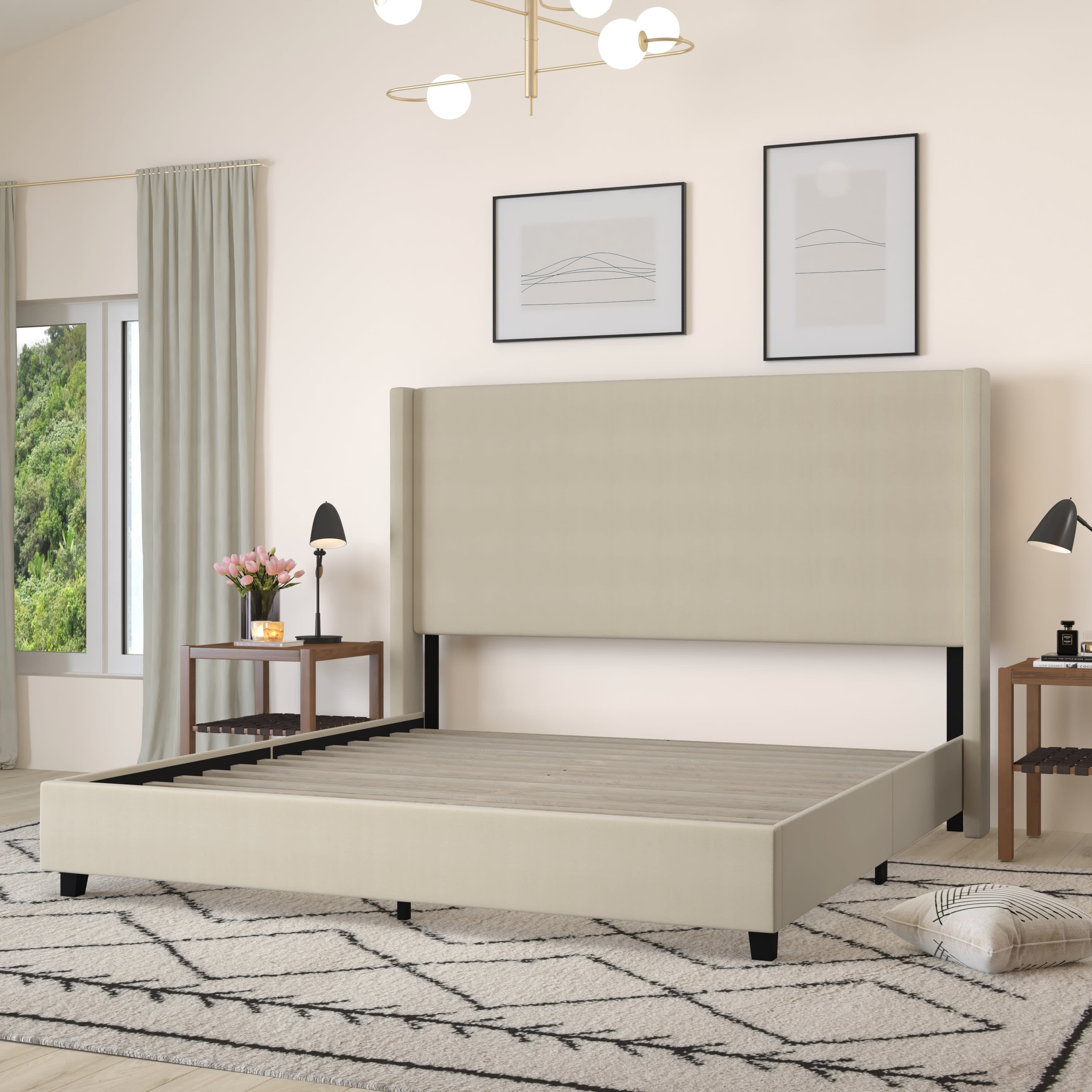 Merrick Lane Modern Platform Bed with Upholstered Wingback Headboard, King Size, Beige
