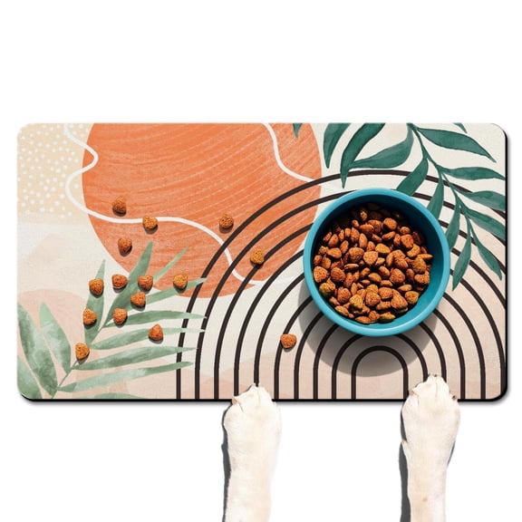 Boho Retro Floral Pet Feeding Mat-Abstract Art Pattern Absorbent Pet Placemat for Food and Water Bowl, with Waterproof Rubber Backing, Quick Dry Water Dispenser Mat for Dog and Cat (17"x30")
