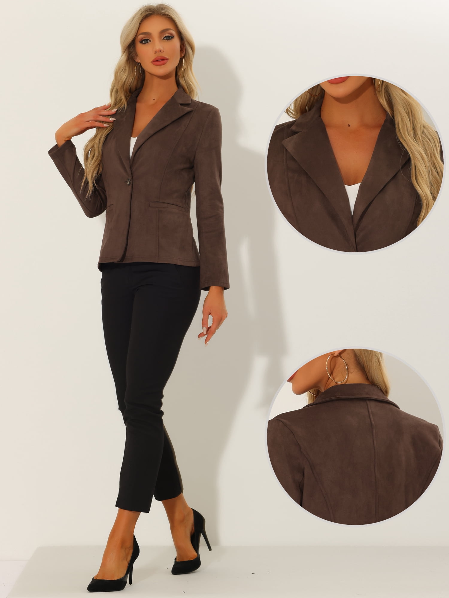 DARING DIVA Women's Faux Suede Lapel Collar Long Sleeve Work Jacket S Coffee