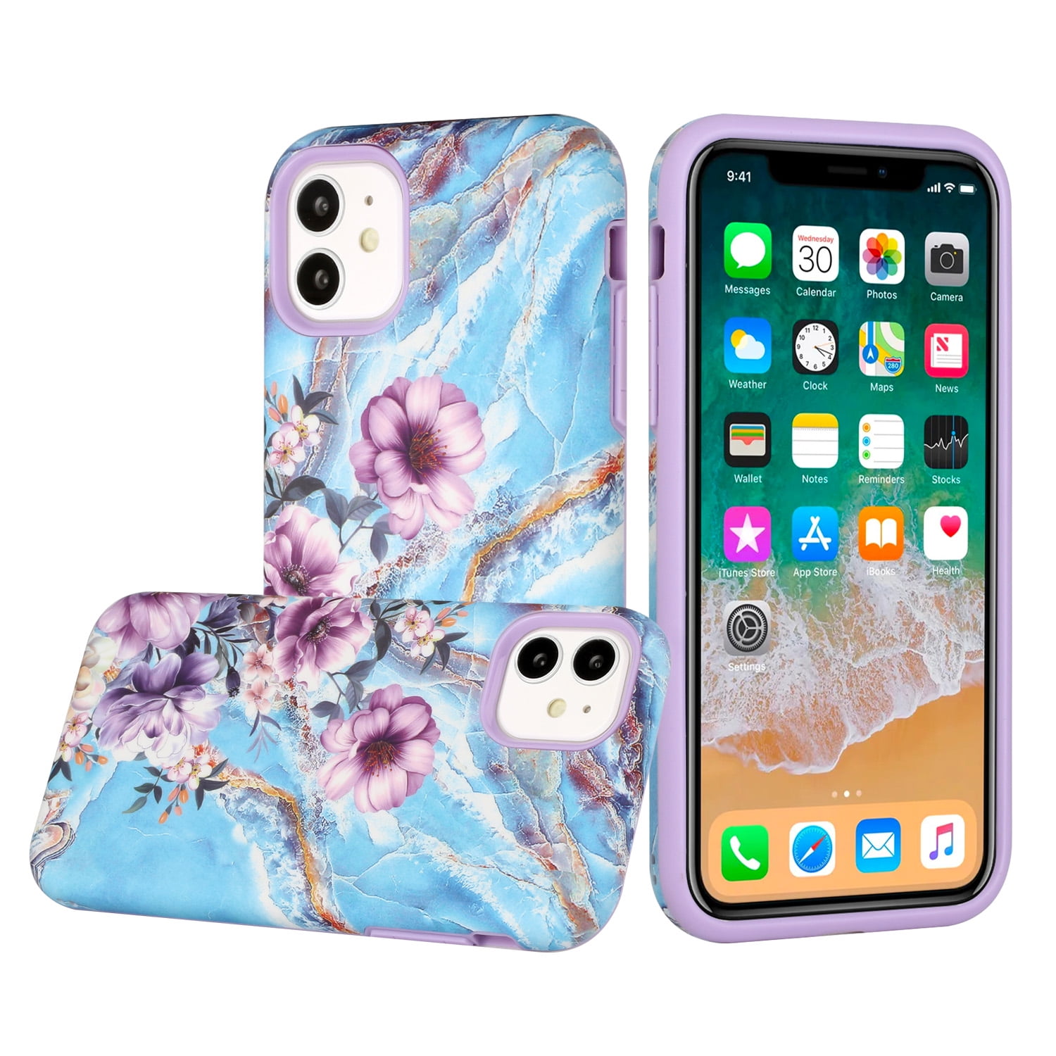 For Apple iPhone 11 (6.1) Pattern Fashion Design Chromed Edge IMD with  Ring Kickstand Hybrid TPU Hard Back Case Cover fit iPhone 11 - Blue Marble  