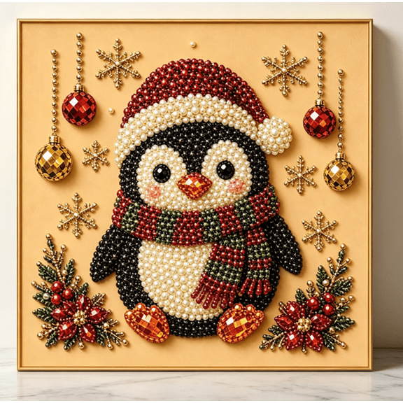 DIY Christmas Pearl Diamond Painting Art Kit with Frame, Complete Bead Craft Supplies For Adult Hobbyists, Festive Indoor Wall Decor, Thoughtful Handmade Holiday Present(Penguin)