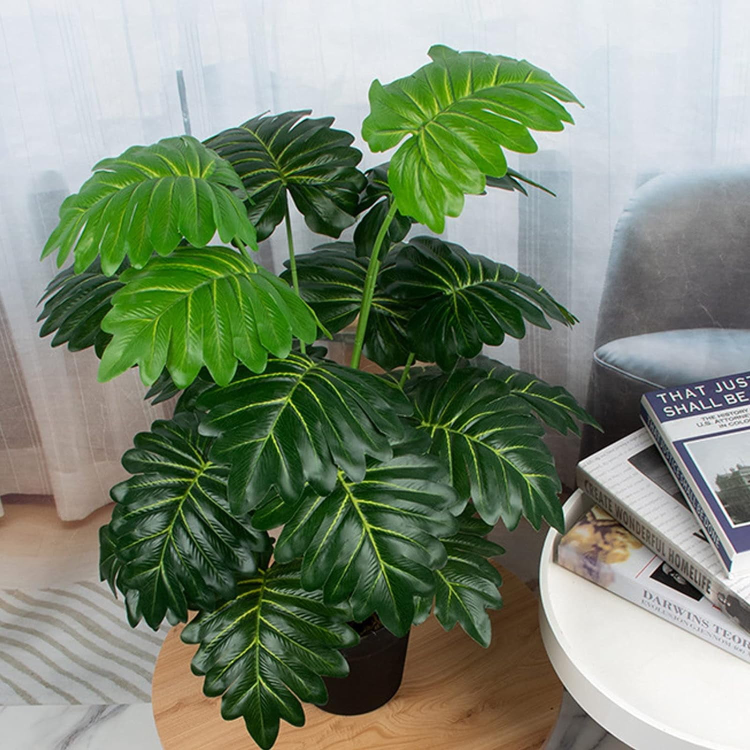 Artificial Monstera Deliciosa Plant，18 Leaves Artificial Tropical Monstera， Faux Fake Monstera Turtle Leaf Tropical Large Palm Tree Leaves Plant Outdoor UV Resistant Plastic Plants (A)